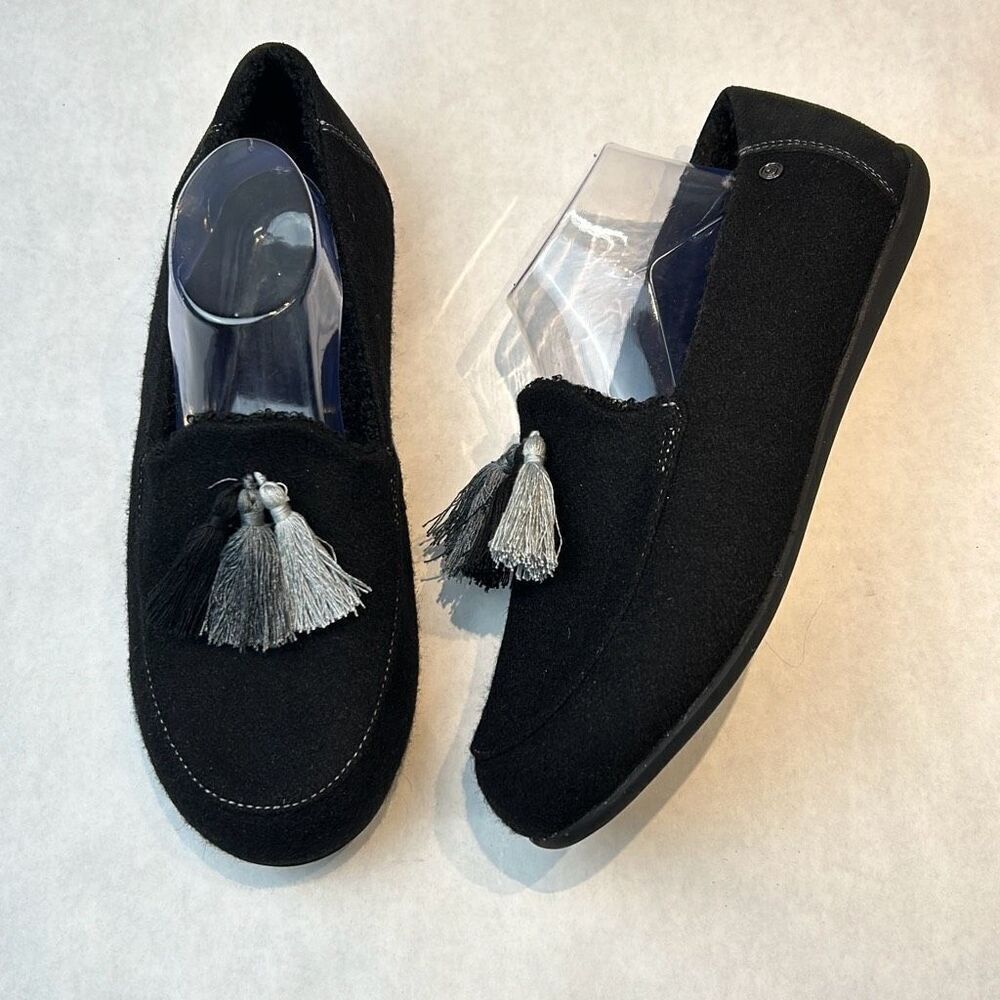 Spenco Hearthside Slipper Black Womens Sz 12 Orthotic Felted Wool Upper Fleece L